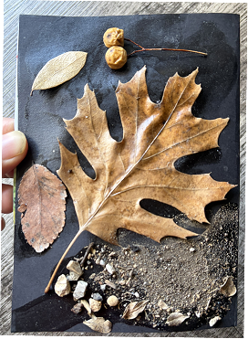Back side of the mail art with leaves and materials