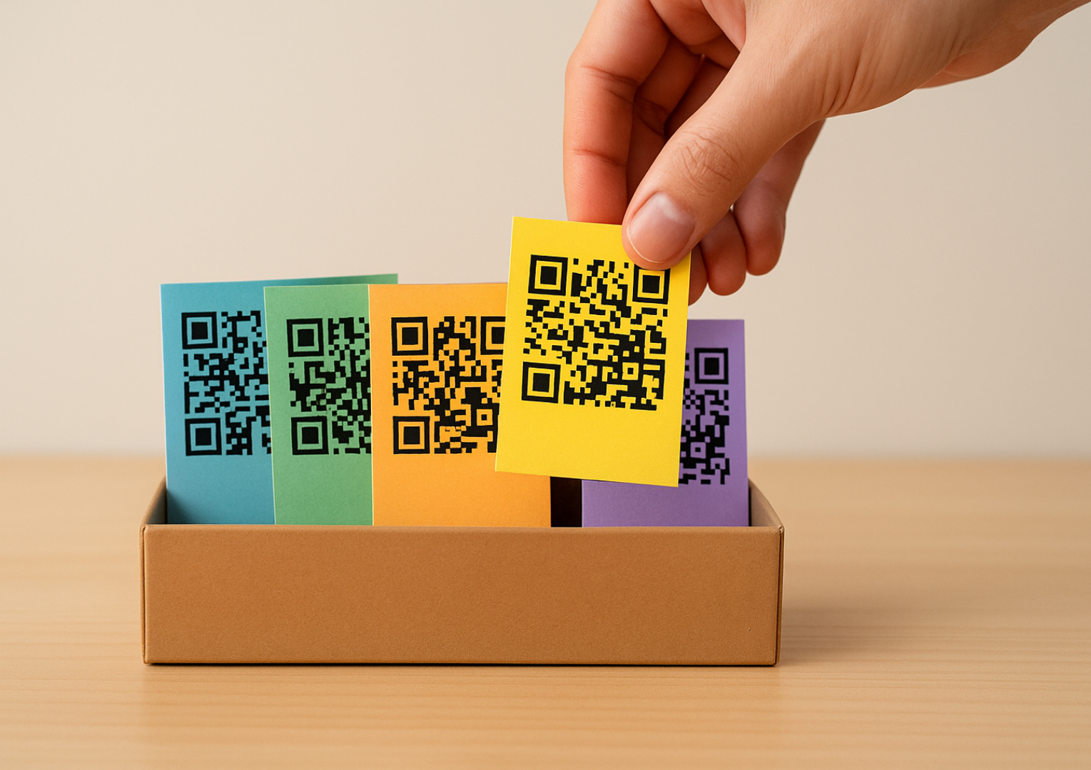 A participant choosing one of five color-coded QR cards from the starting box