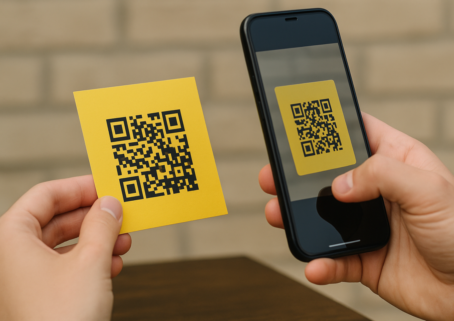 A participant scanning a yellow QR card with a mobile phone