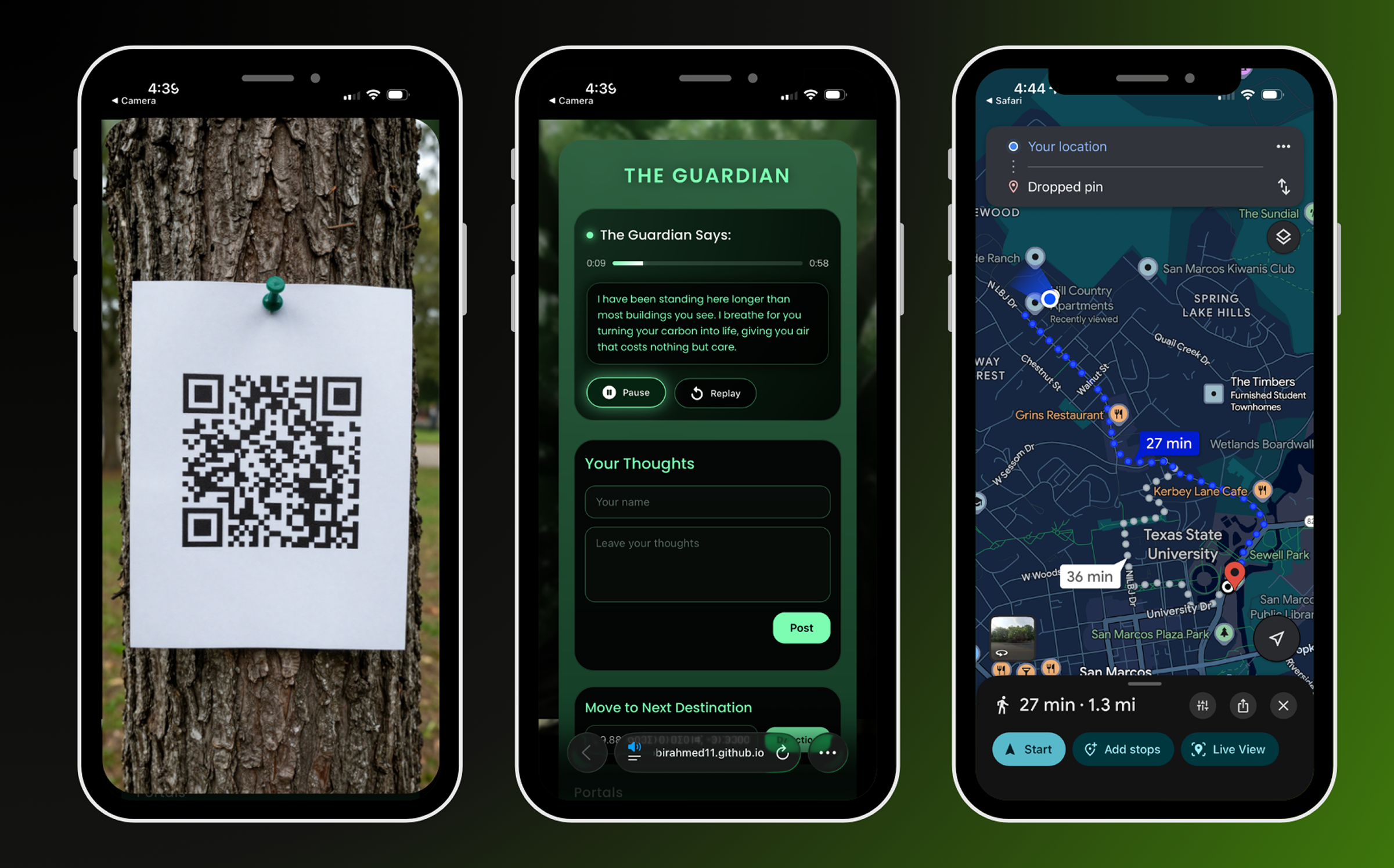 Mobile screens showing a QR code on a tree, the Guardian audio experience, and directions to the next location