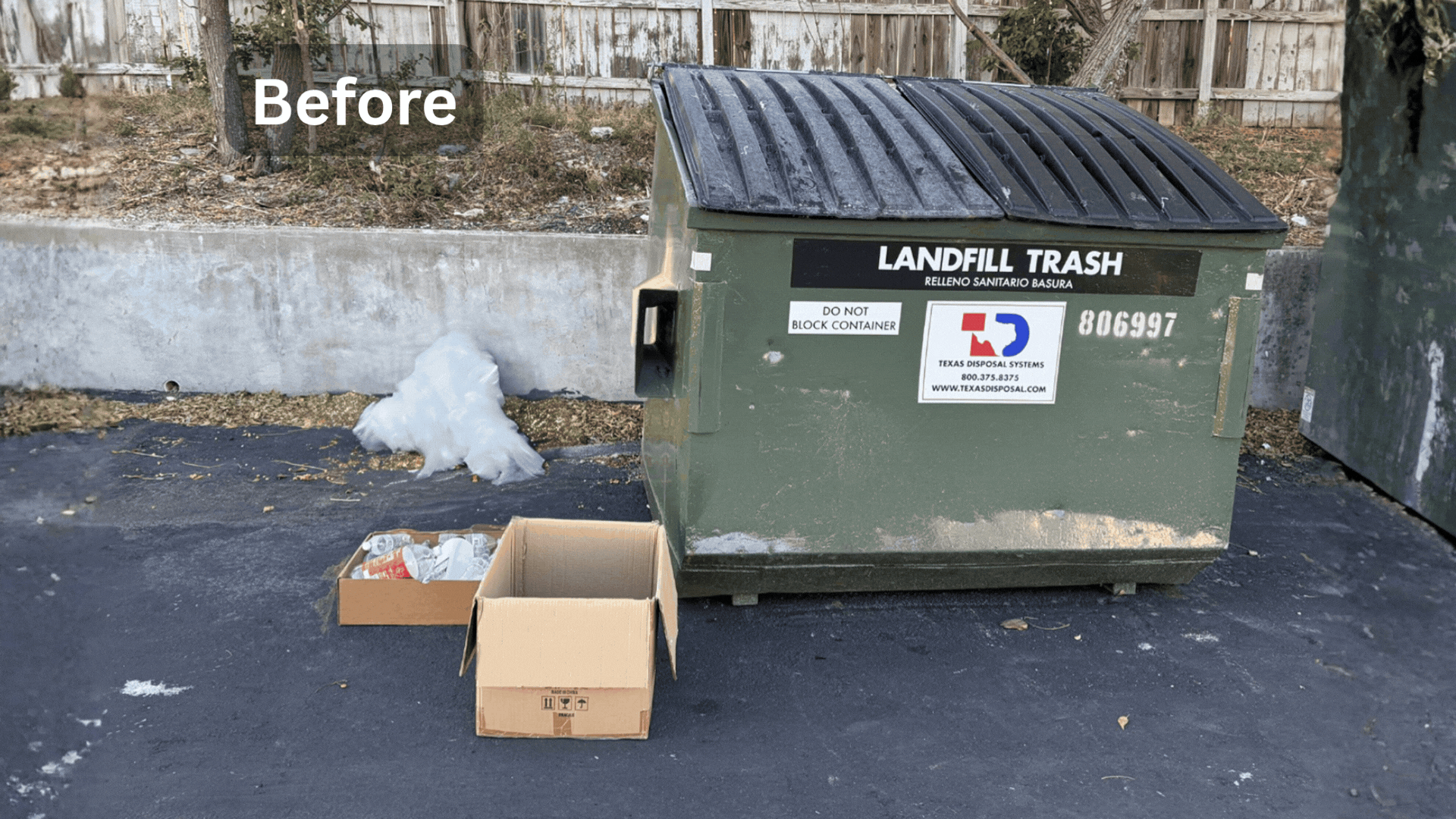 Before-and-after environmental action showing litter being cleared near a trash container